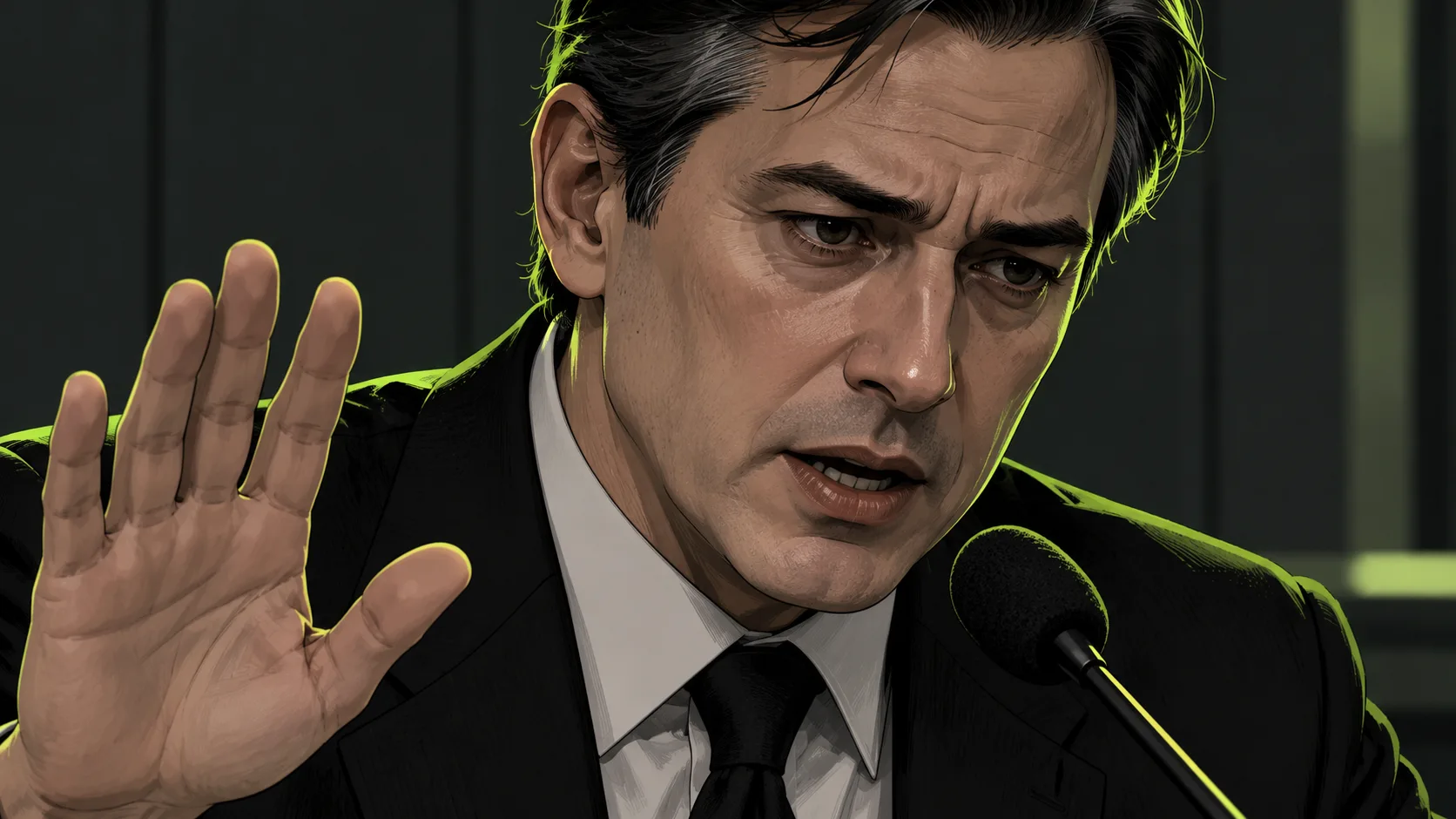 A company spokesperson speaks into a microphone with a solemn expression and an open-handed gesture of acknowledgment.