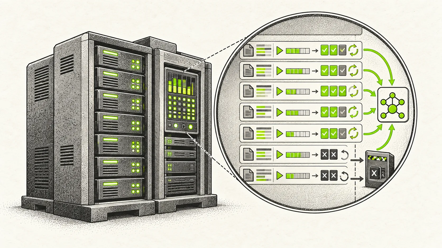 A training server runs parallel software trials, with a close-up showing repeated testing and the exclusion of unverifiable results.