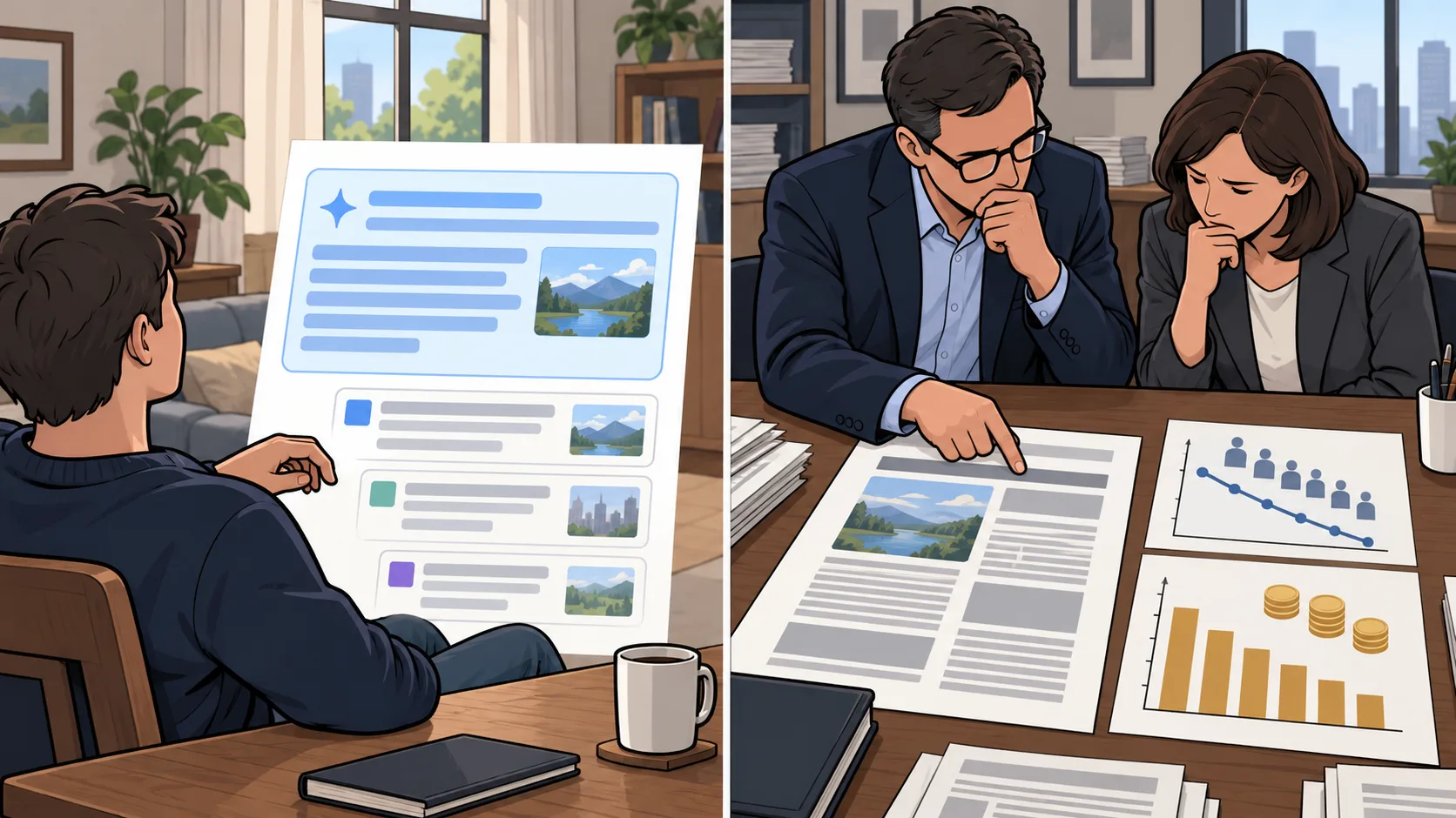 A reader stays on an AI search answer while a publisher compares the source article with declining readership and revenue charts.