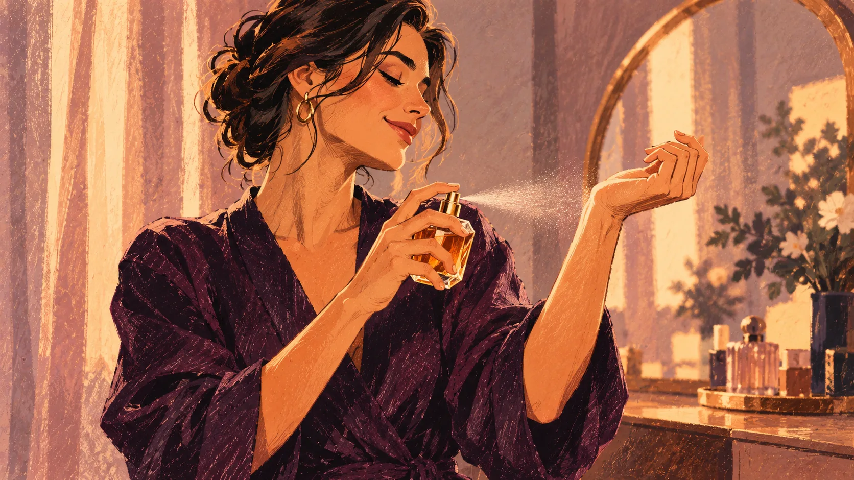 A woman sprays perfume onto her wrist from a faceted bottle in a recreated product demonstration.