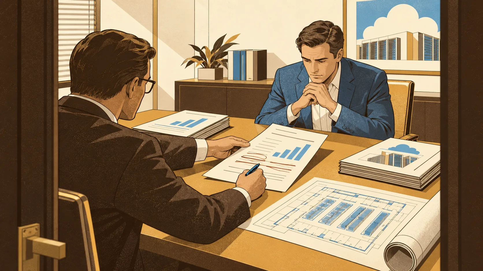 A lender scrutinizes construction costs and revises financing terms while a cloud infrastructure executive waits across the table.