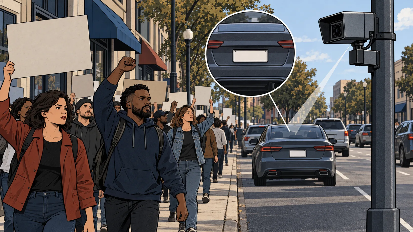 A roadside surveillance camera records vehicles beside a protest march, with a detail showing a captured vehicle and its isolated license plate.