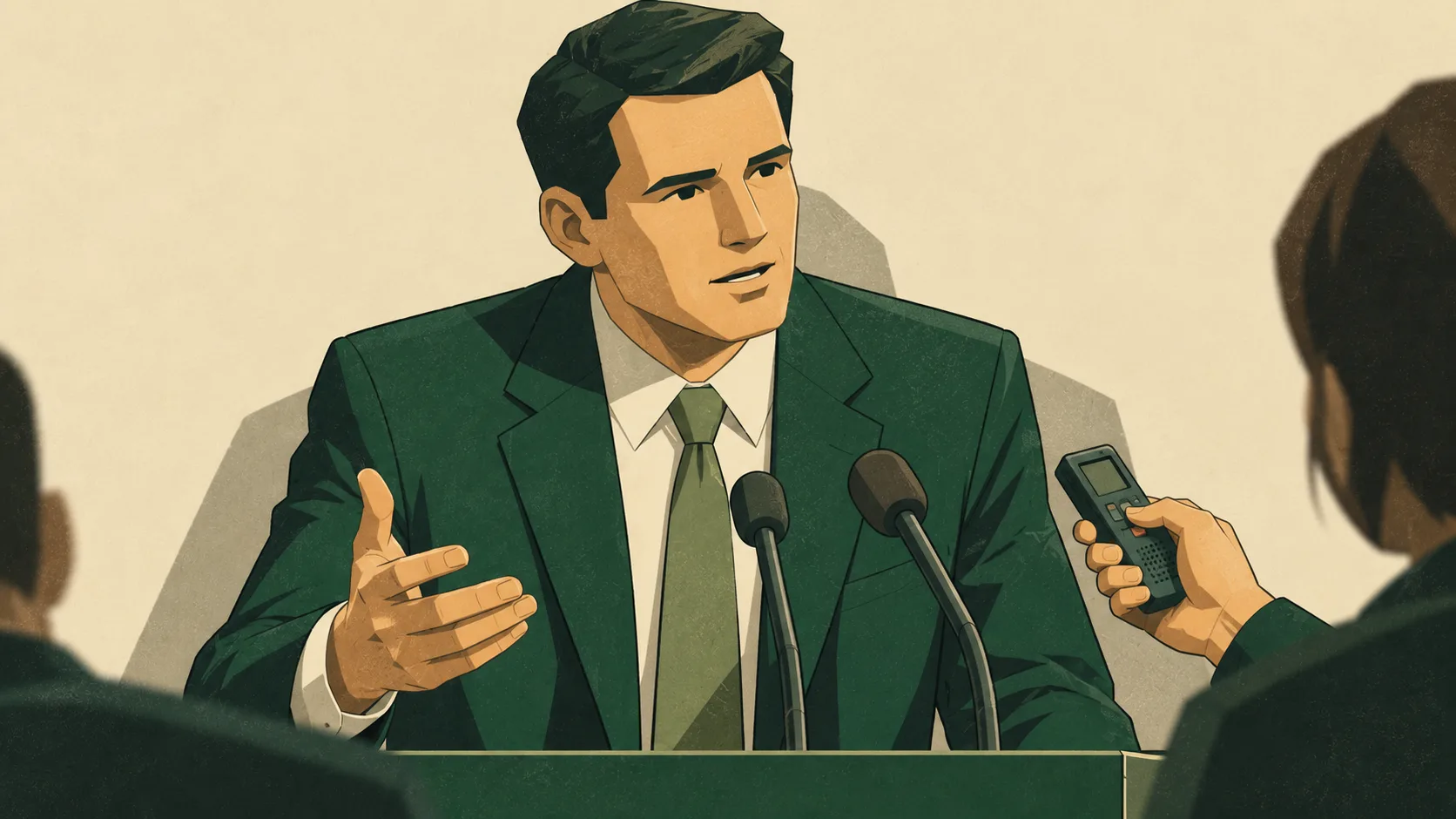 A company spokesperson delivers a business update into microphones while a reporter listens with a recorder raised.