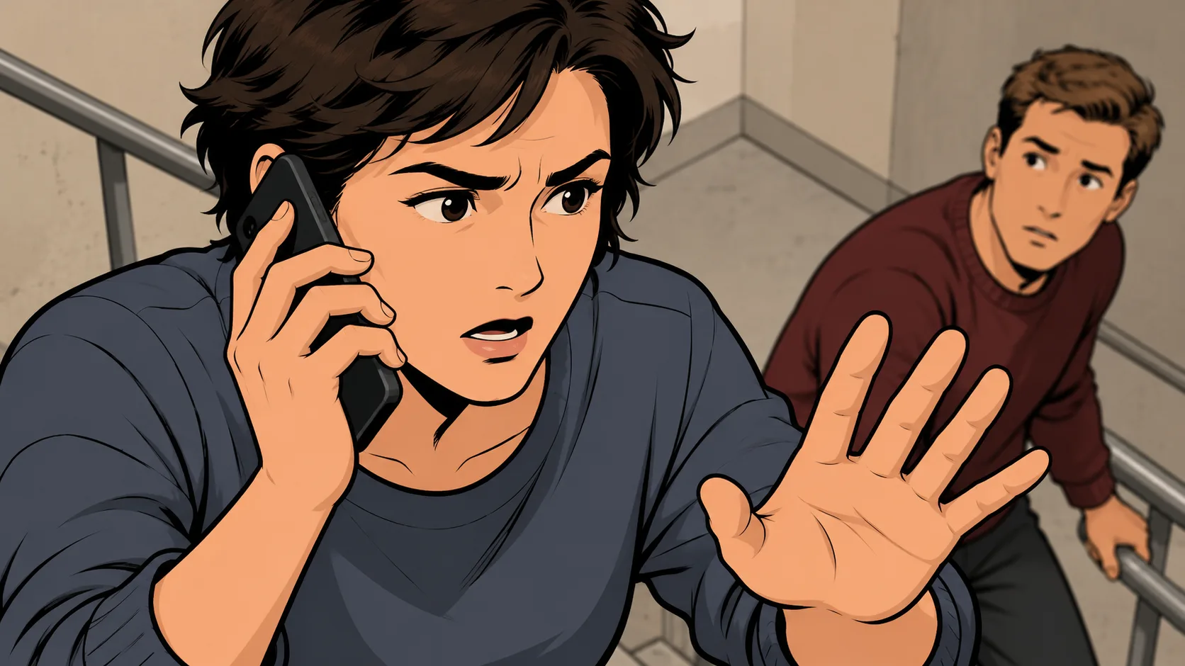A developer calls for incident-response help from an office stairwell while a colleague pauses to listen.