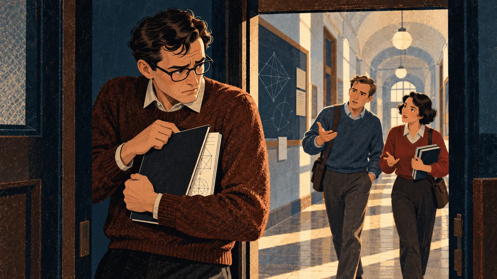 A mathematician closes a notebook of unfinished research as colleagues approach, withholding the work instead of discussing it.