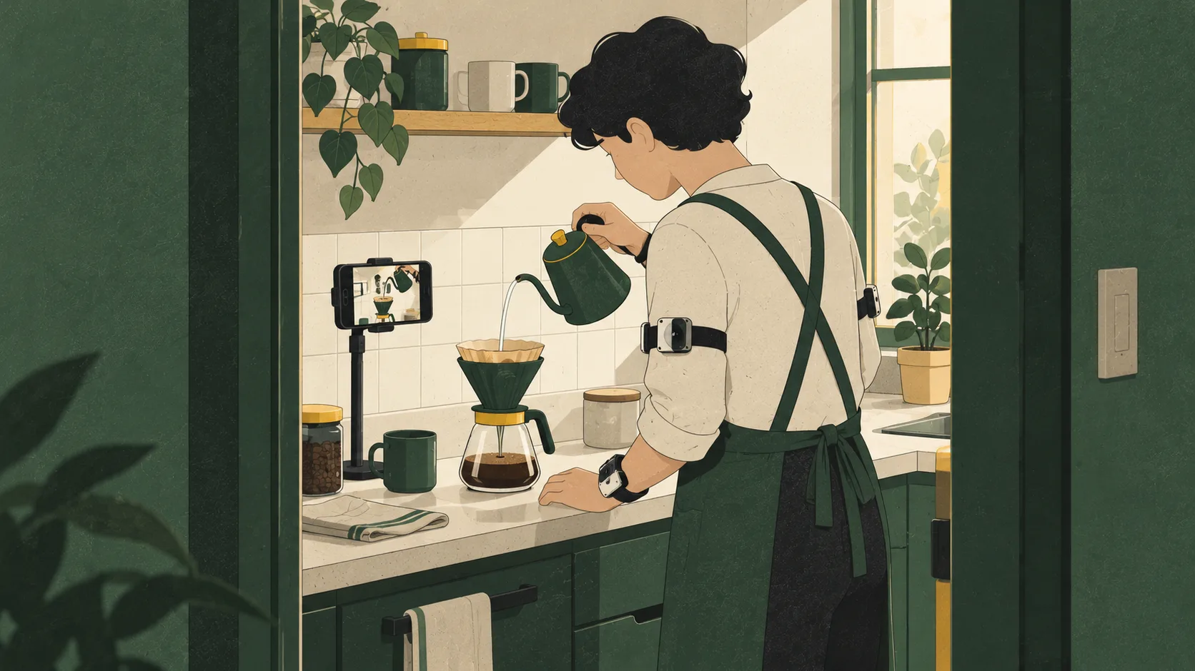 A person wearing body sensors makes coffee while a smartphone records their hand movements and the brewing process.