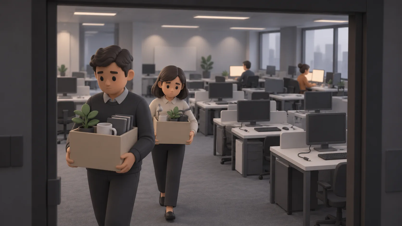 Departing software workers carry boxes of belongings past empty desks while a few colleagues remain at work.