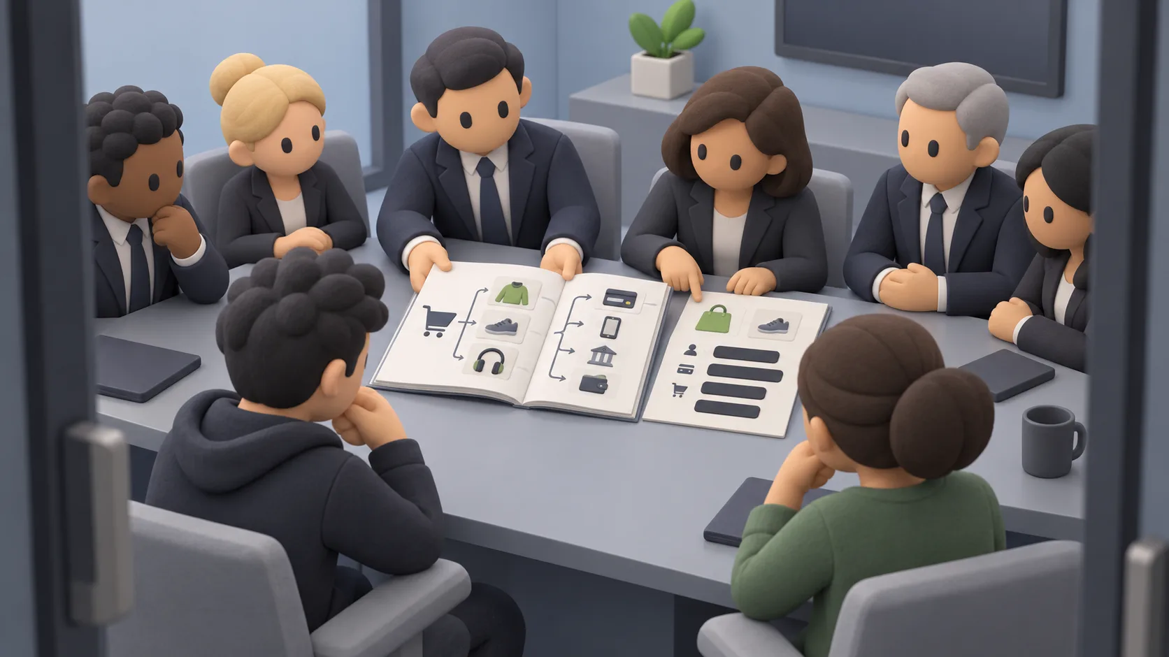 Bank representatives present safety standards for automated shopping, with purchase records and concealed account details spread across a meeting table.