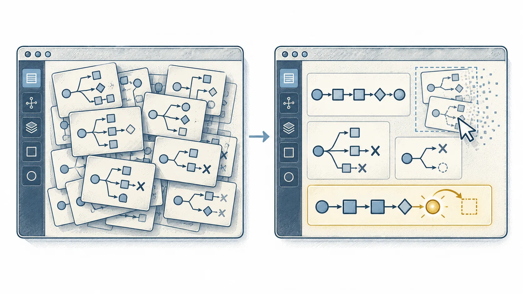 An AI workspace removes redundant intermediate results while retaining useful notes, failed experiments and procedures for future tasks.