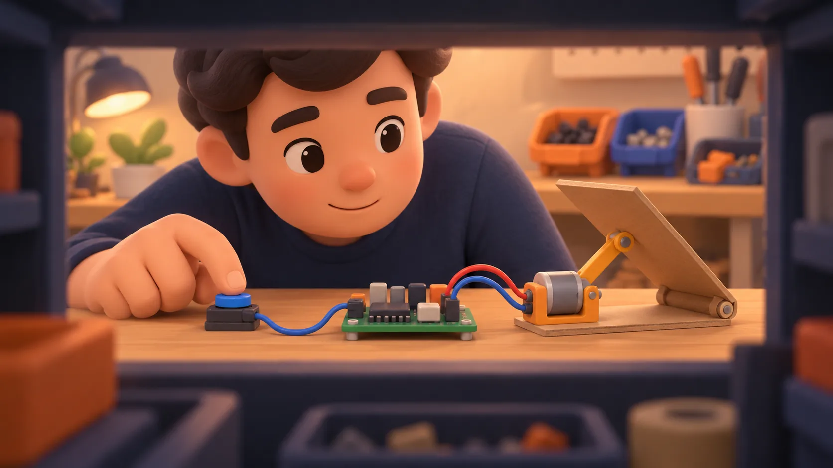 A hobbyist presses a wired button on a homemade electronics rig, making a small motor lift a hinged flap.
