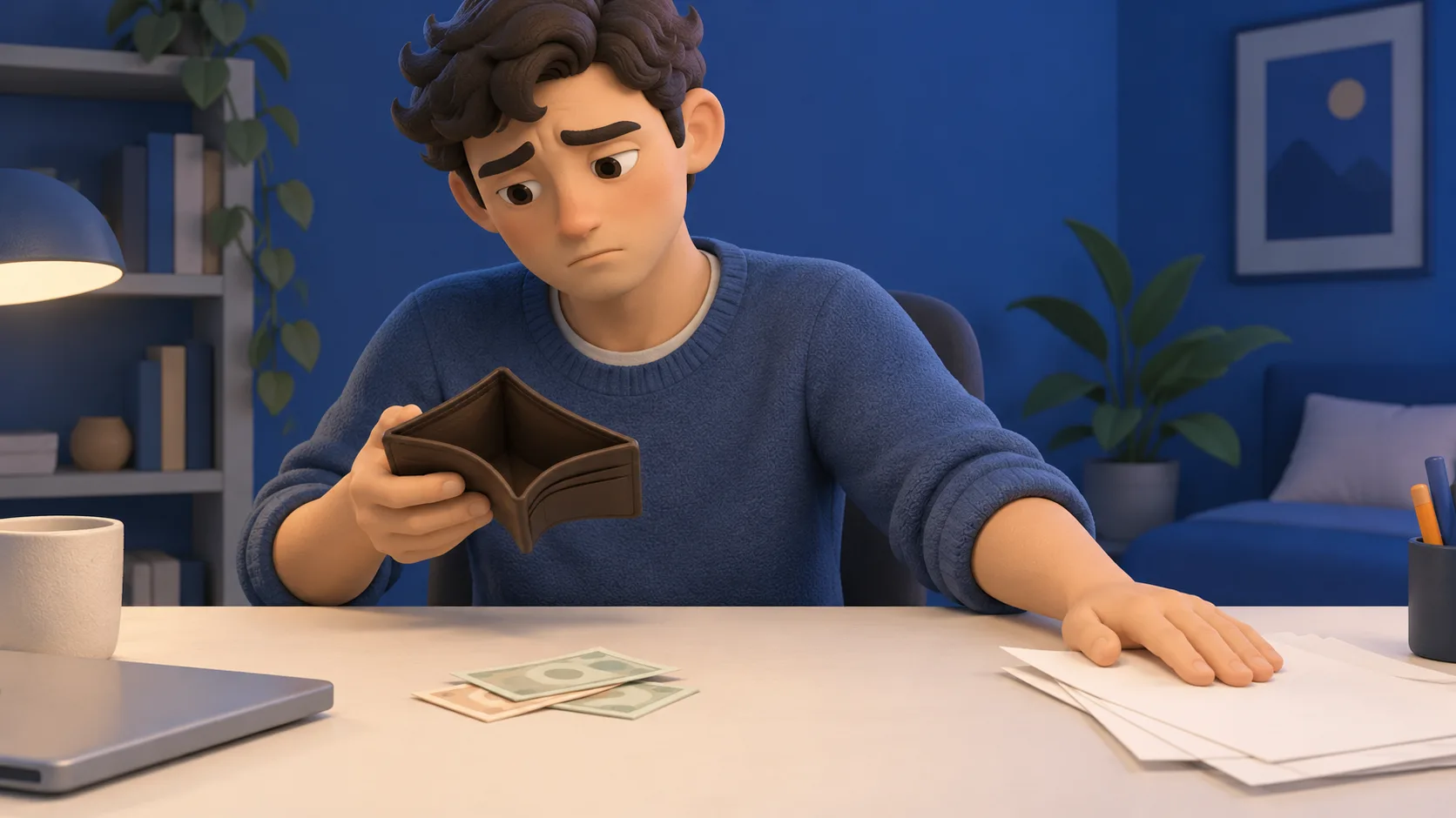 An independent developer checks a nearly empty wallet and pushes equipment purchase paperwork aside at a home desk.