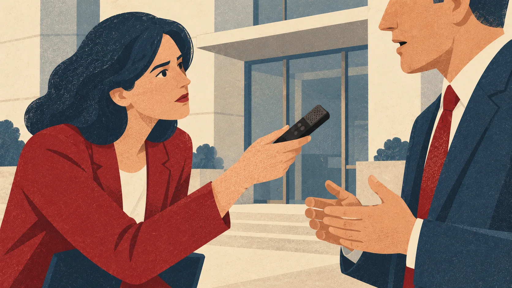 A reporter extends an audio recorder toward a company representative, listening intently as he explains the scope of disputed crawling terms.