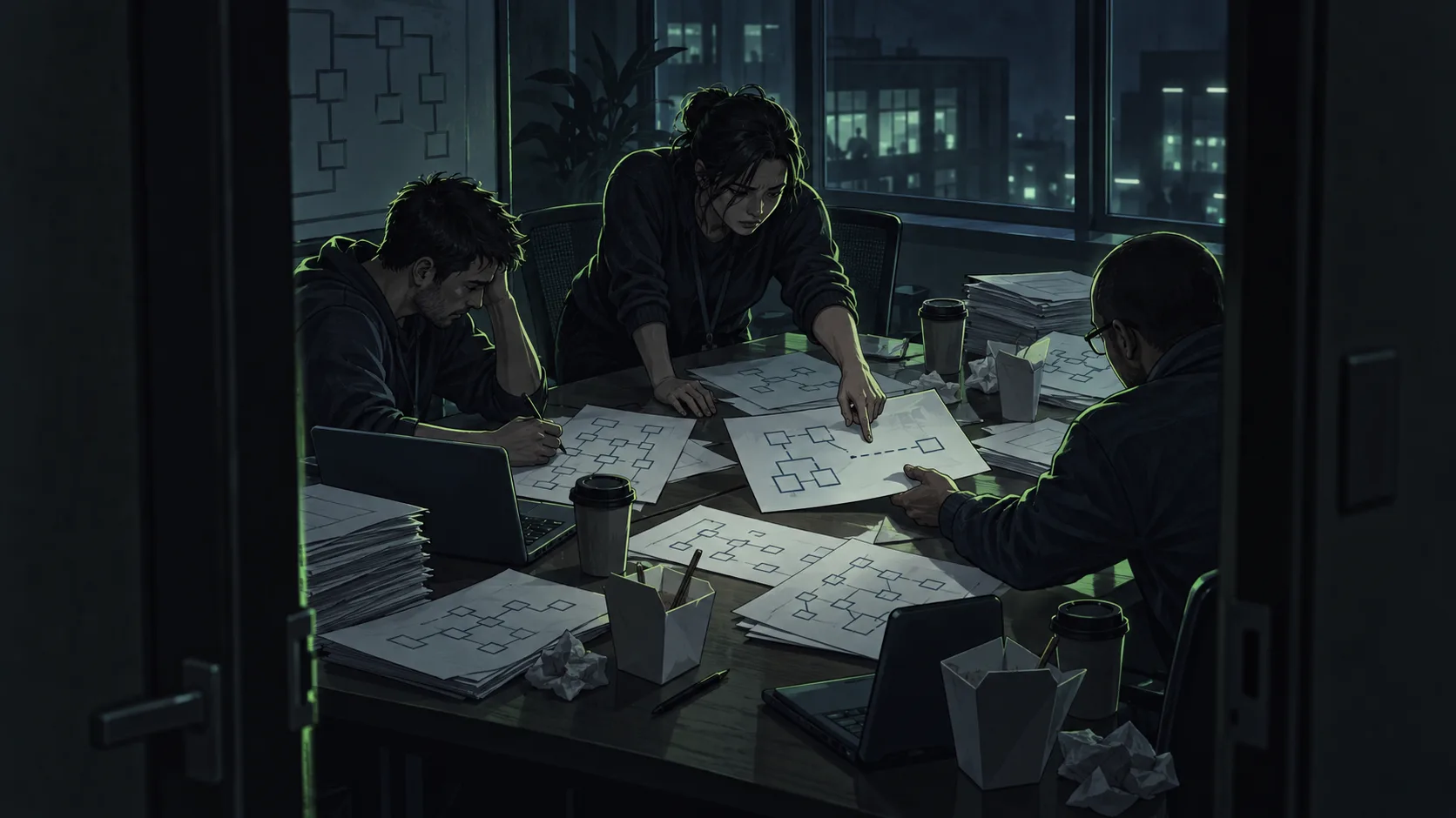 Security engineers work through the night, hurriedly reviewing virtualization fixes while unfinished security reviews remain spread across a conference table.
