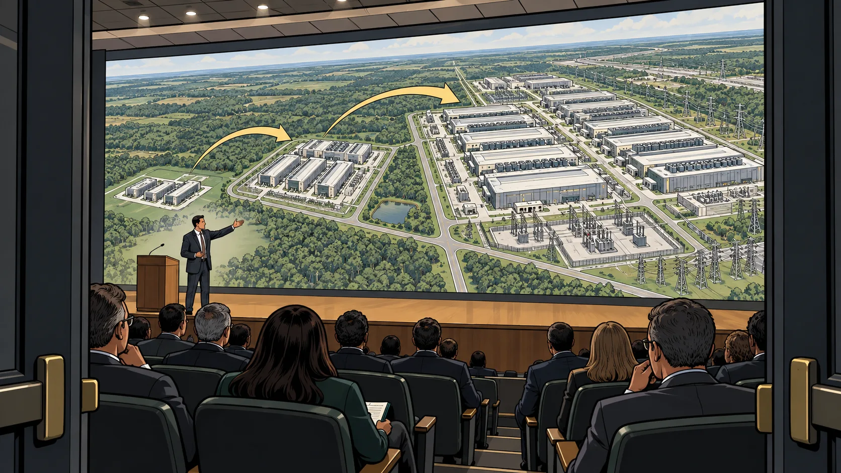 A presenter shows investors plans for an enormous computing campus, with successive construction phases extending across a landscape.
