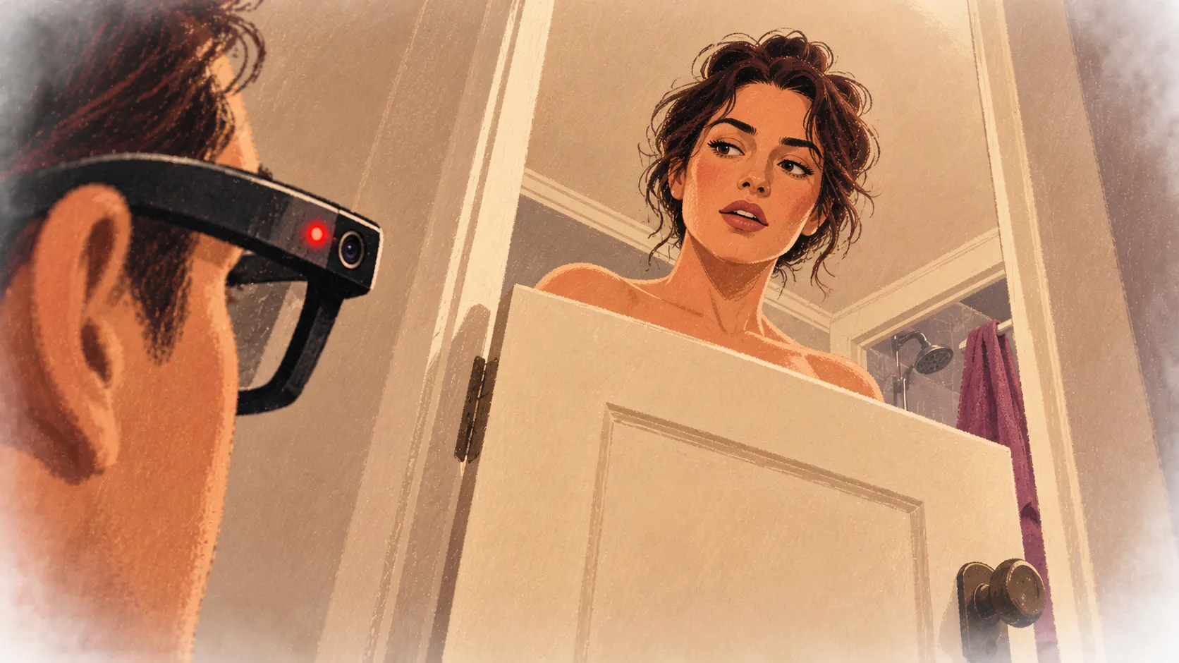 An adult steps out of a bathroom, unaware that a nearby partner’s camera-equipped glasses are recording.