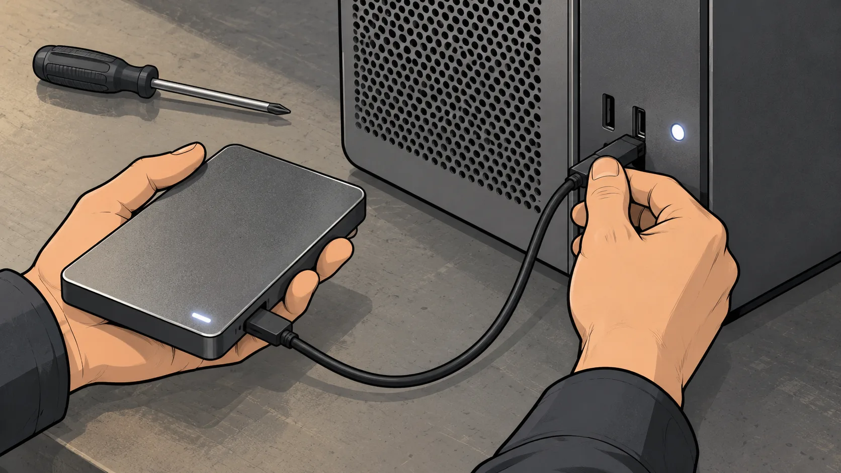 A researcher connects an external drive to a desktop workstation, preparing to run a downloaded AI model on local hardware.