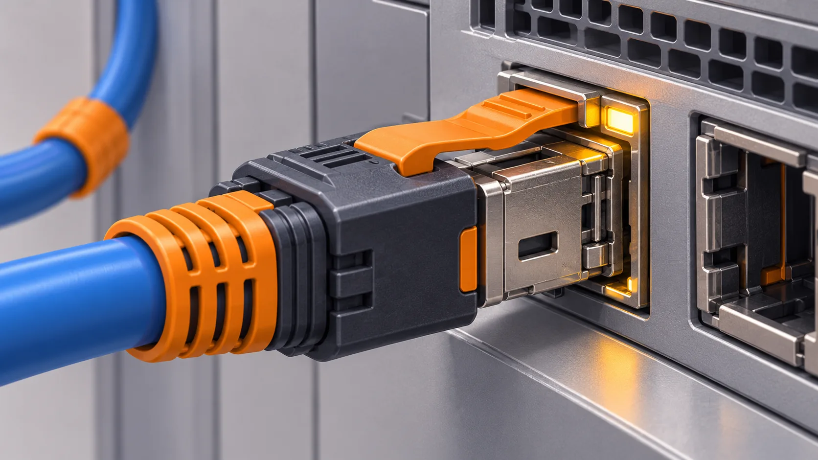 An optical network connector seats into a switch port, linking computing equipment through a dedicated network.