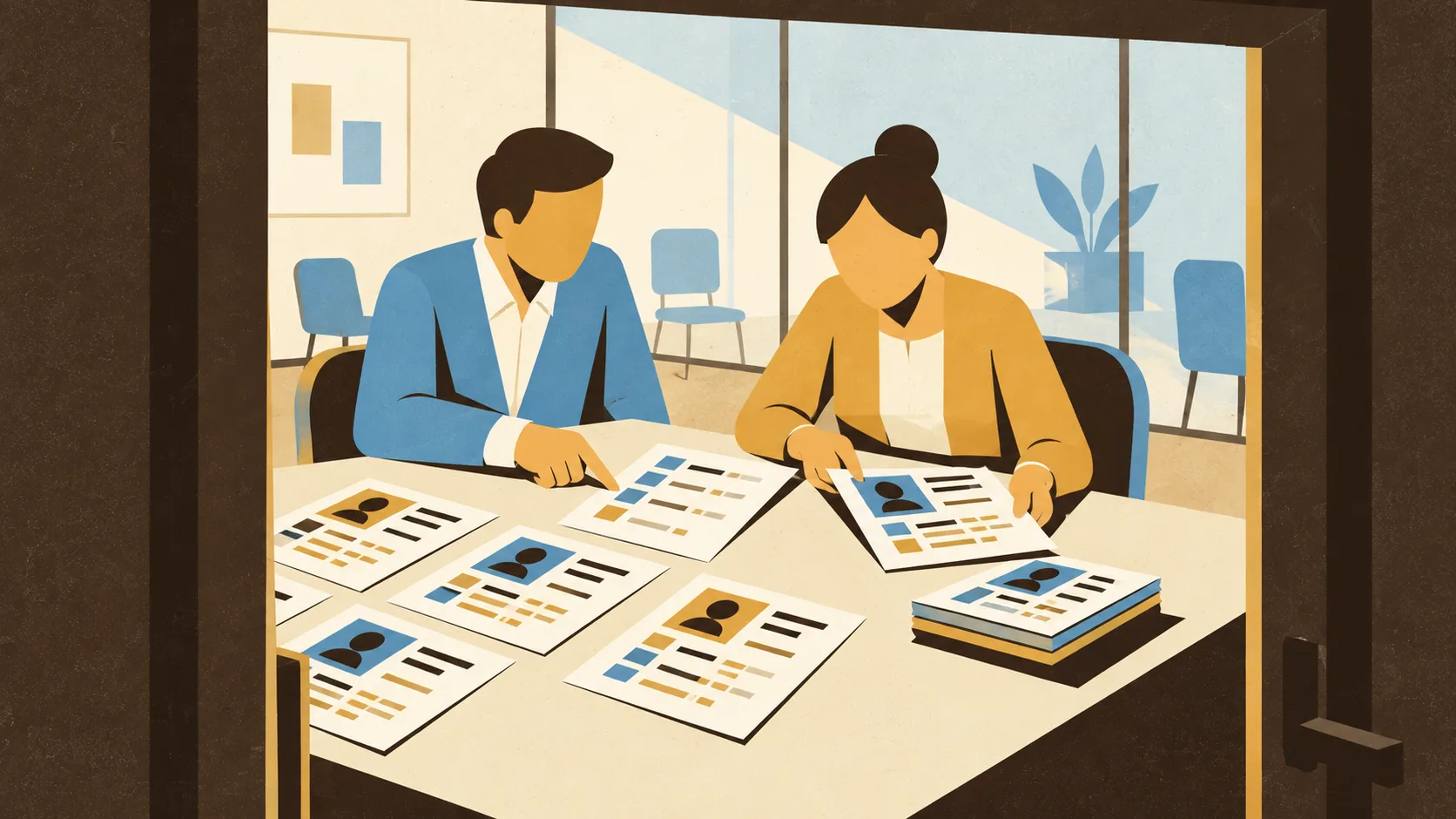 Recruiters compare interview notes with hiring criteria and select candidates for a shortlist.