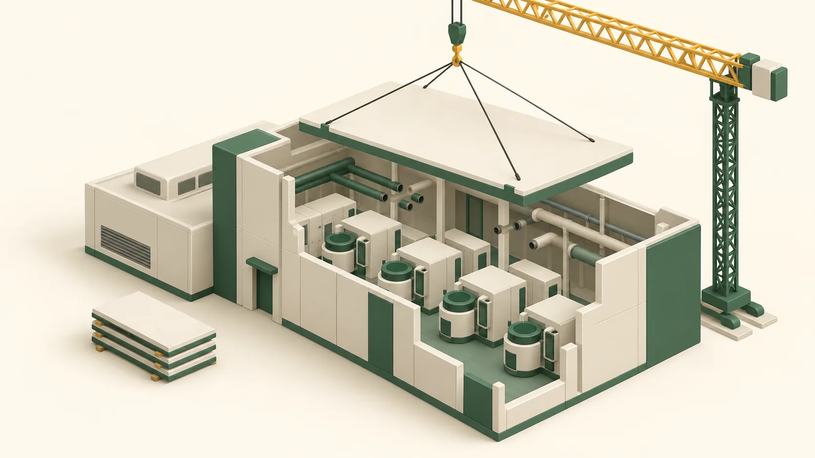 A crane expands an unfinished semiconductor factory, where installed manufacturing equipment remains idle beside incomplete utility connections.