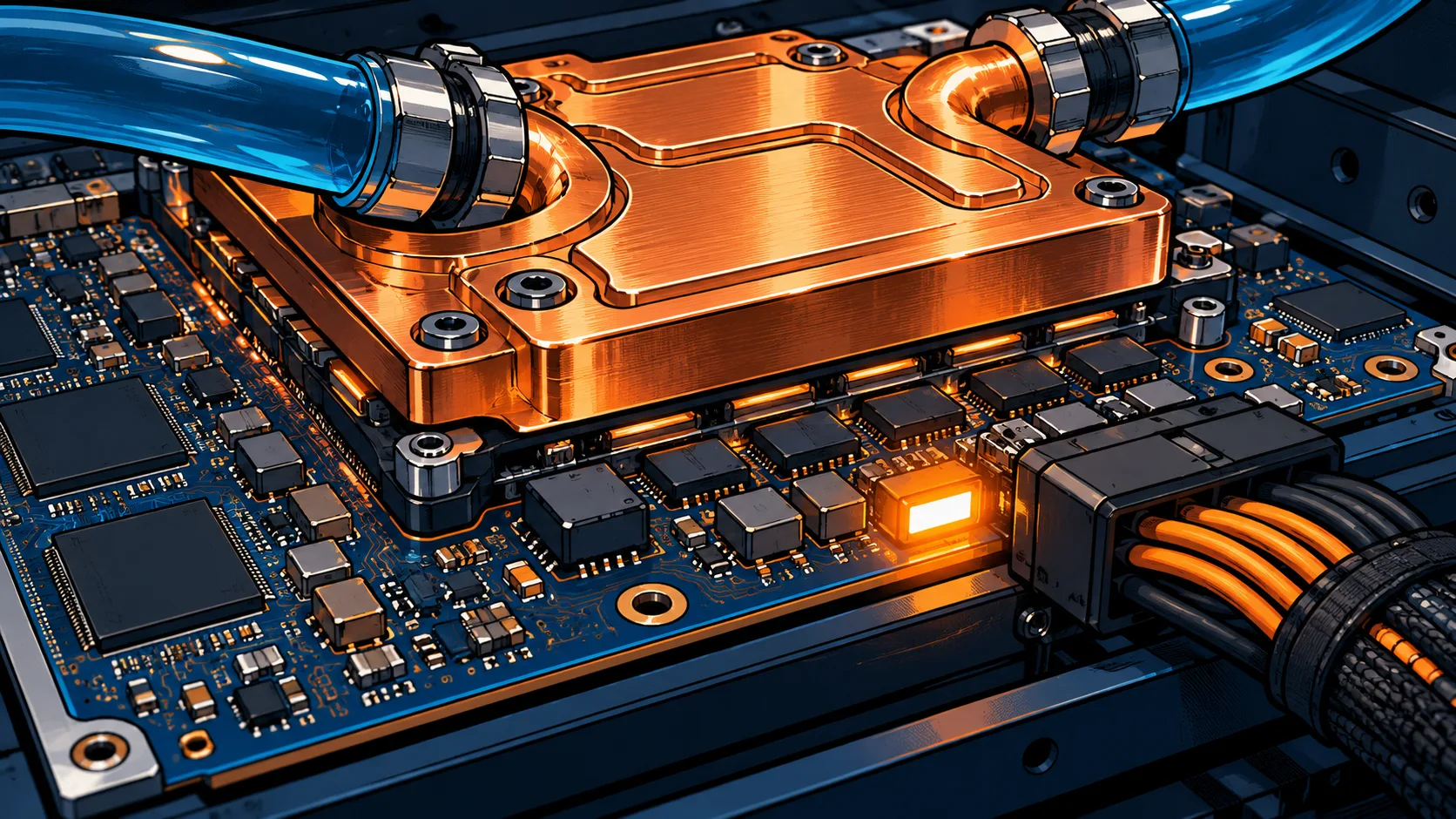 A liquid-cooled accelerator operates during model training, with a copper cooling block covering its densely connected circuit board.
