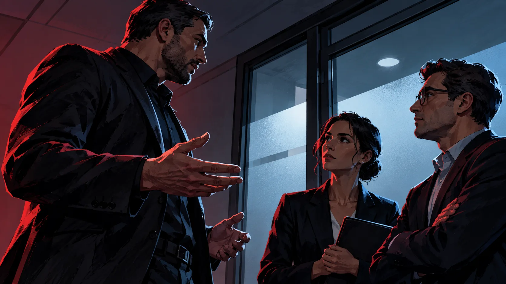 A security specialist briefs two customer representatives in an office corridor, holding their attention with a measured, open-handed gesture.