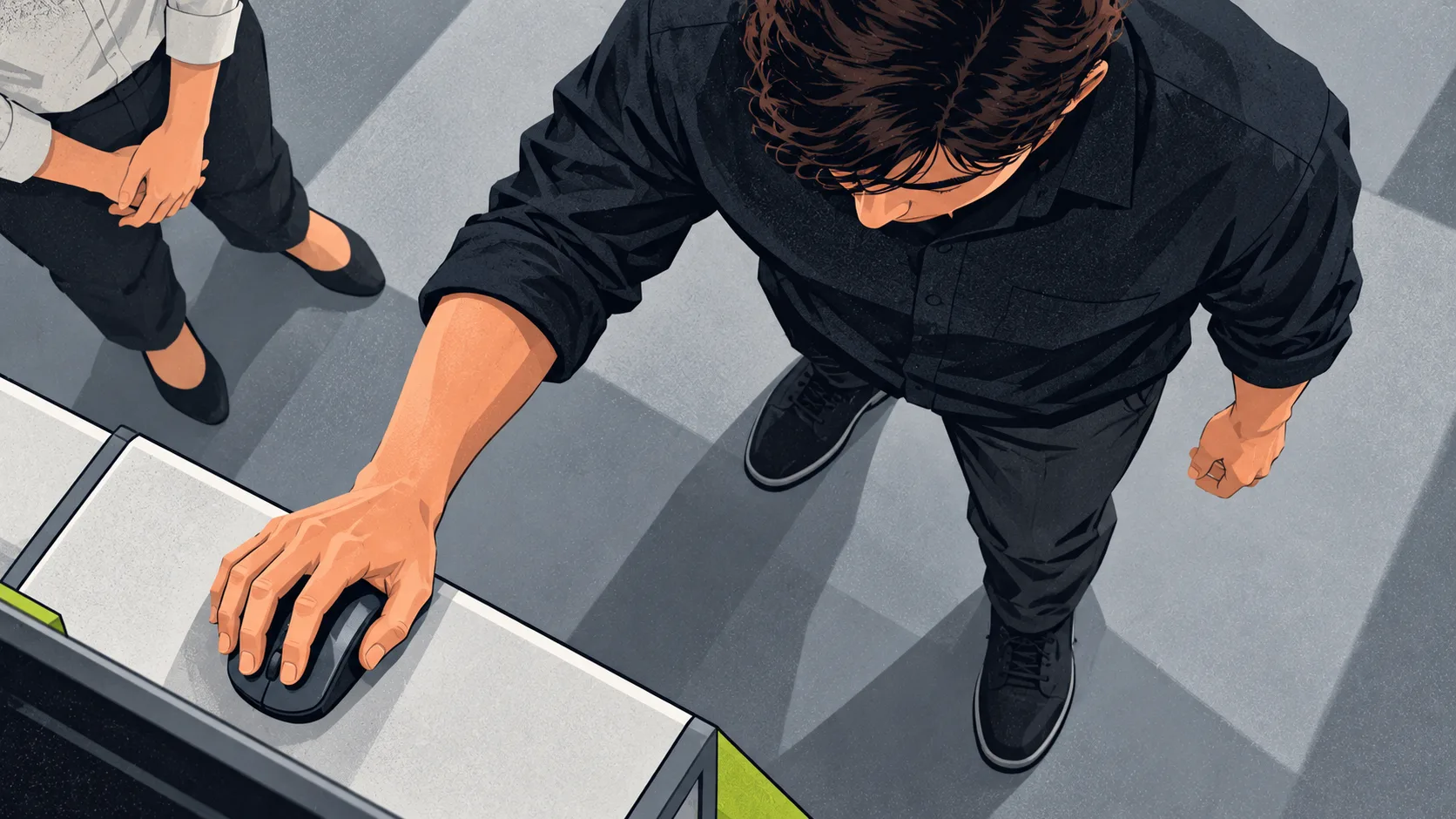 A standing operator takes hold of a mouse to intervene in an automated browser session while a colleague watches.
