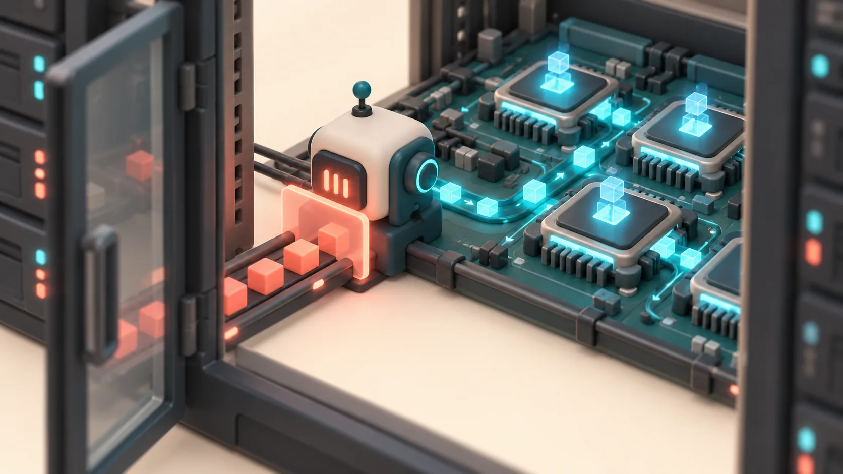 A gateway controller on a circuit board manages data traffic between agent runs and model updates on a cluster of processors.