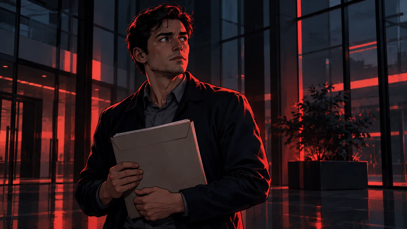 A job applicant in a modern office lobby holding a document folder while looking up cautiously.