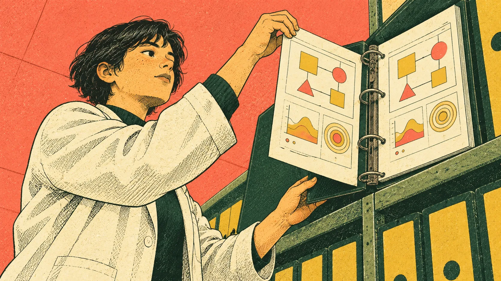 A researcher files a completed software vulnerability test record beside its original case in a laboratory archive.