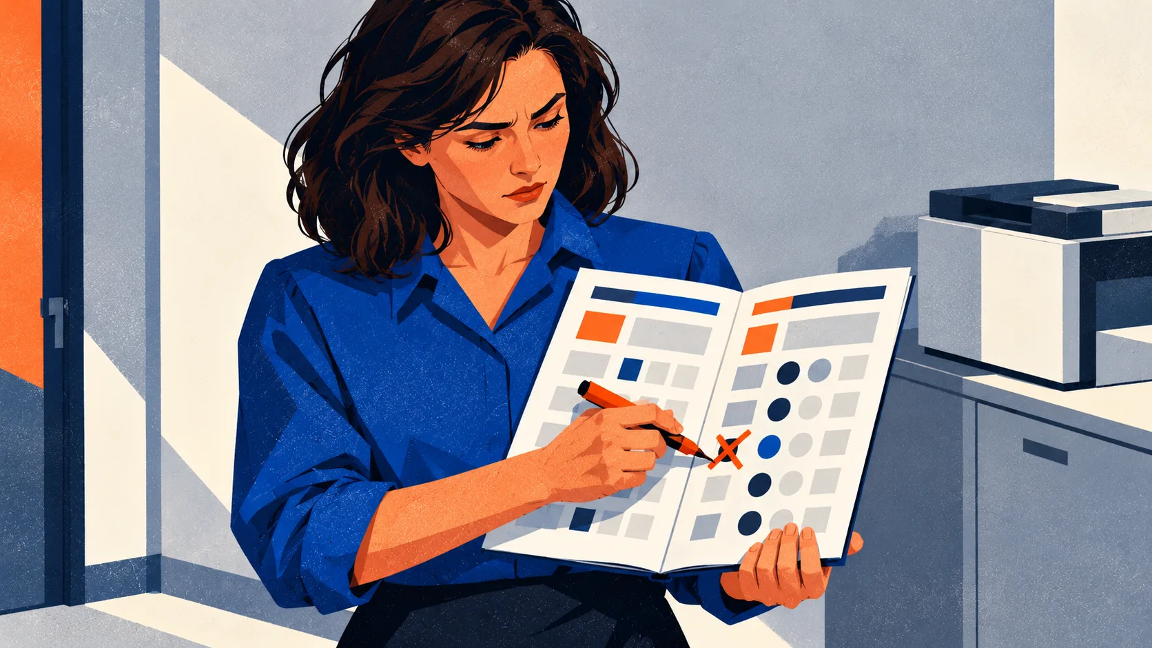 A standing benchmark evaluator crosses out an incorrect answer in a completed test booklet, looking skeptical.