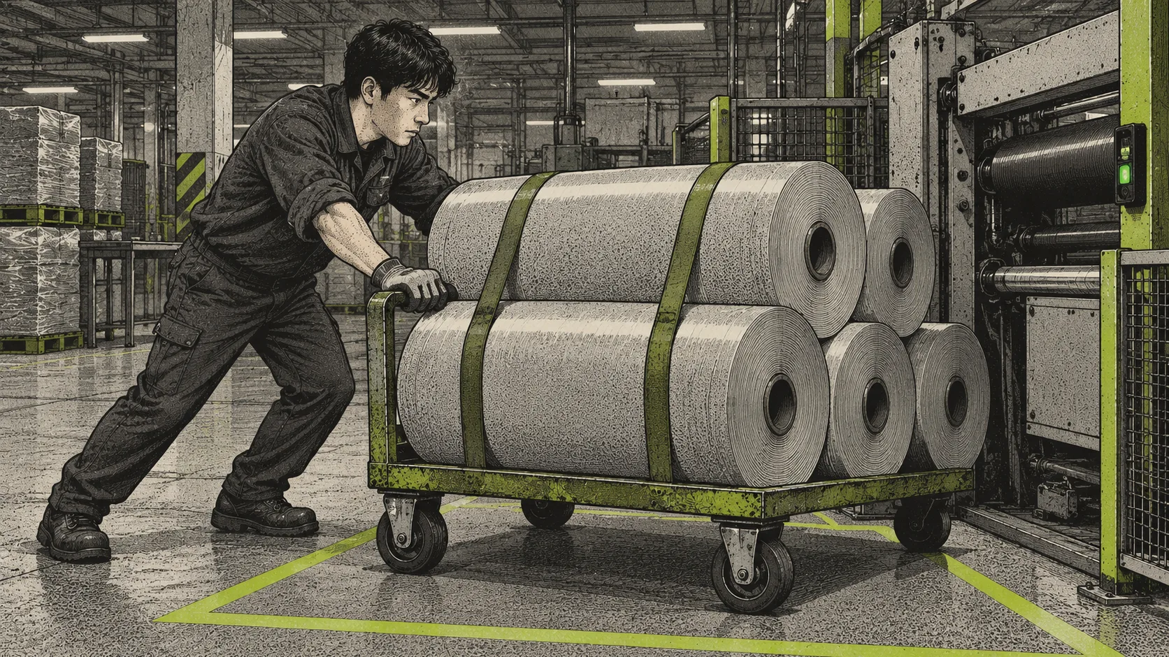 A factory worker rolls a trolley of material toward a production machine, preparing supplies for an upcoming run.