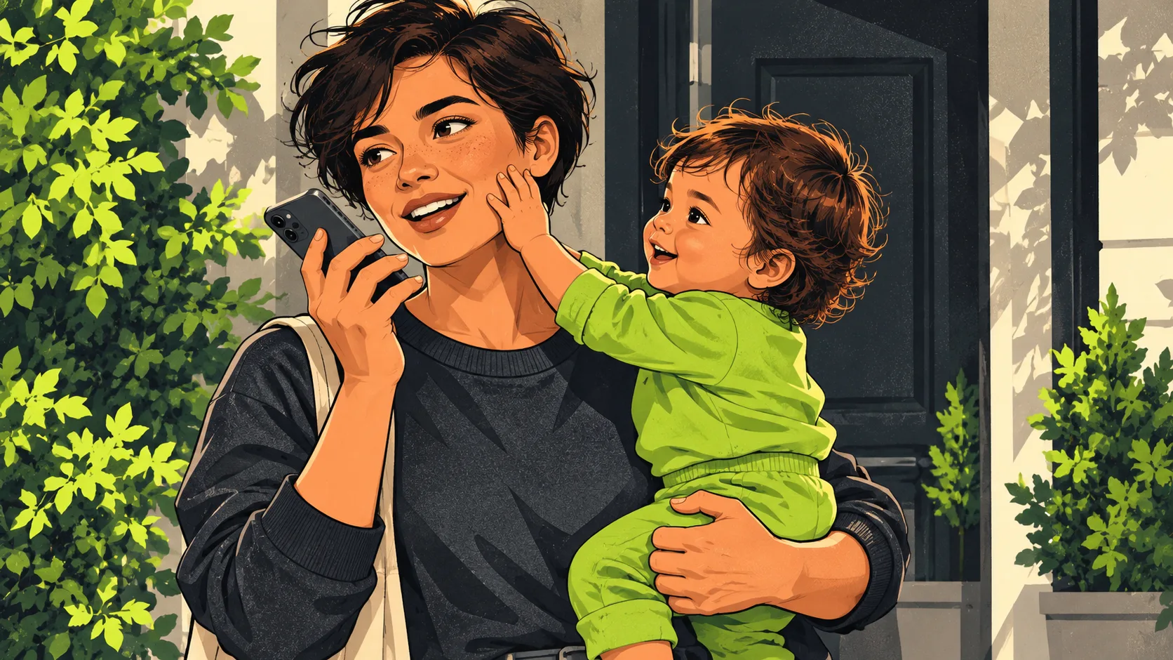 A parent carrying a toddler pauses outdoors to speak into a phone while the child reaches toward their face.