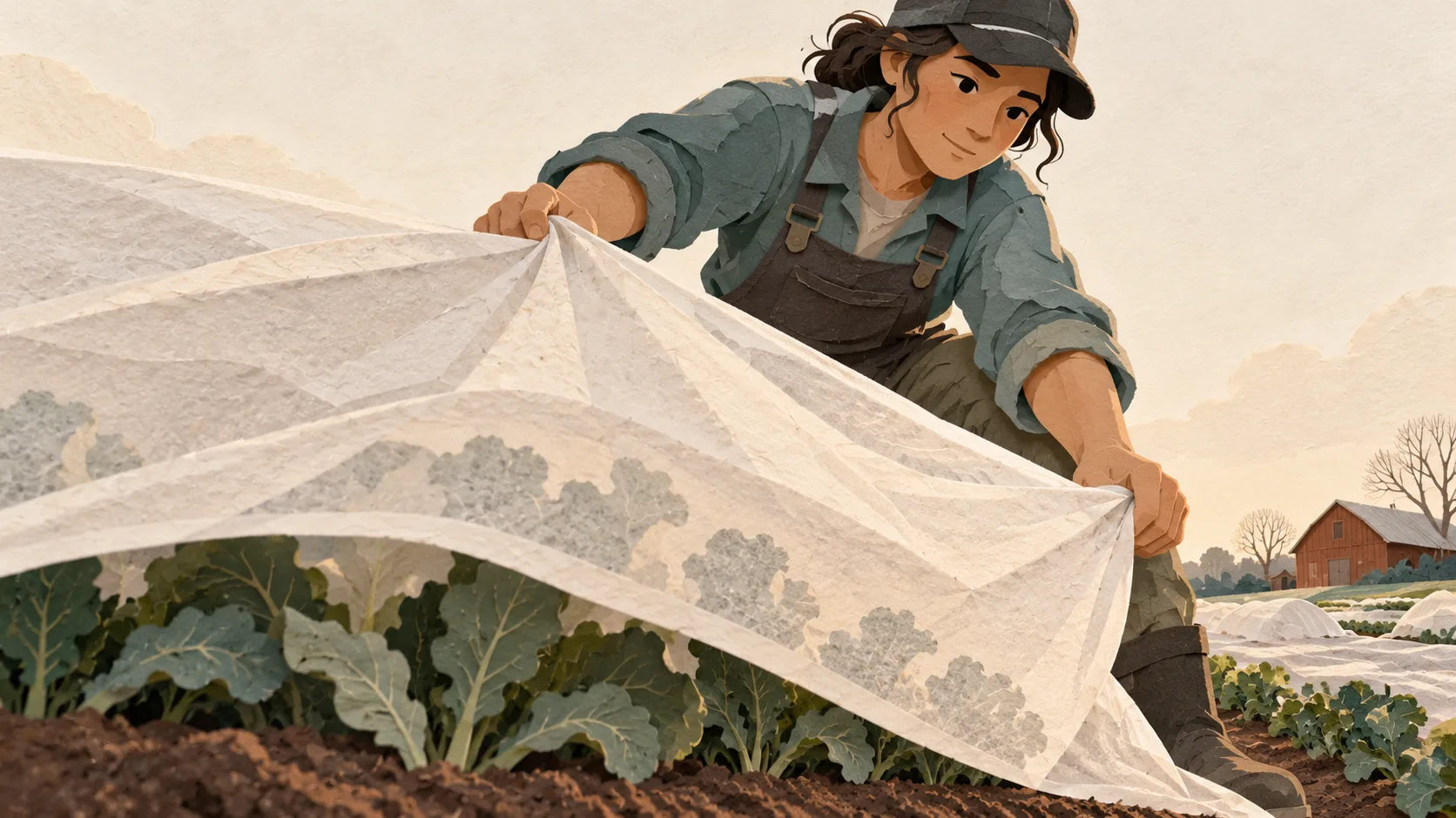 A farmer pulls protective fabric over crop rows, with more rows still uncovered behind them.