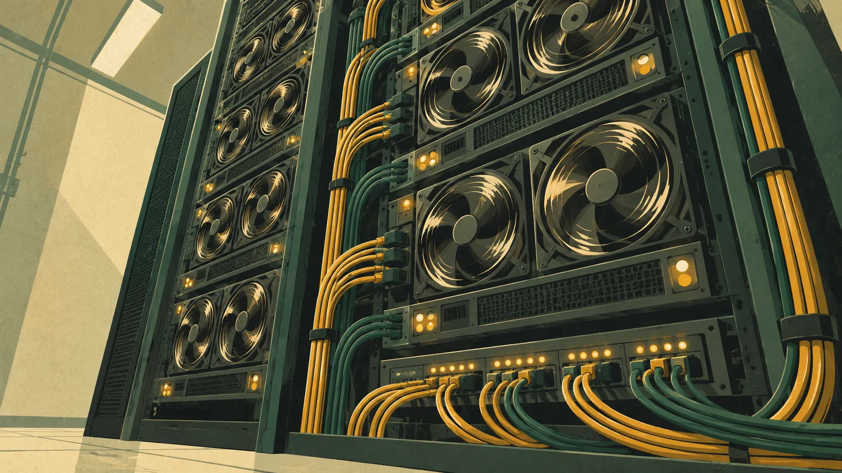 A graphics processor cluster starts up, with cooling fans spinning and activity lights illuminated across interconnected servers.