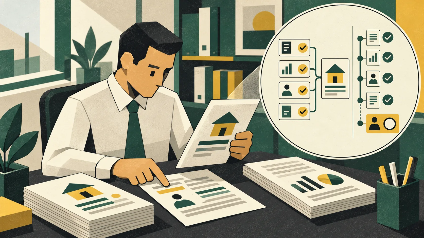 A mortgage underwriter reviews an automated loan recommendation, with an enlarged audit record showing completed agent tasks and a pending human approval.