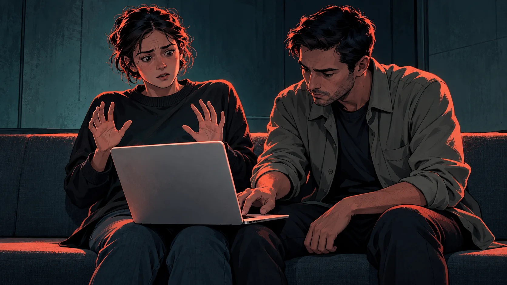 A security researcher withdraws their hands from a laptop as a colleague demonstrates taking control of an account on the same device.