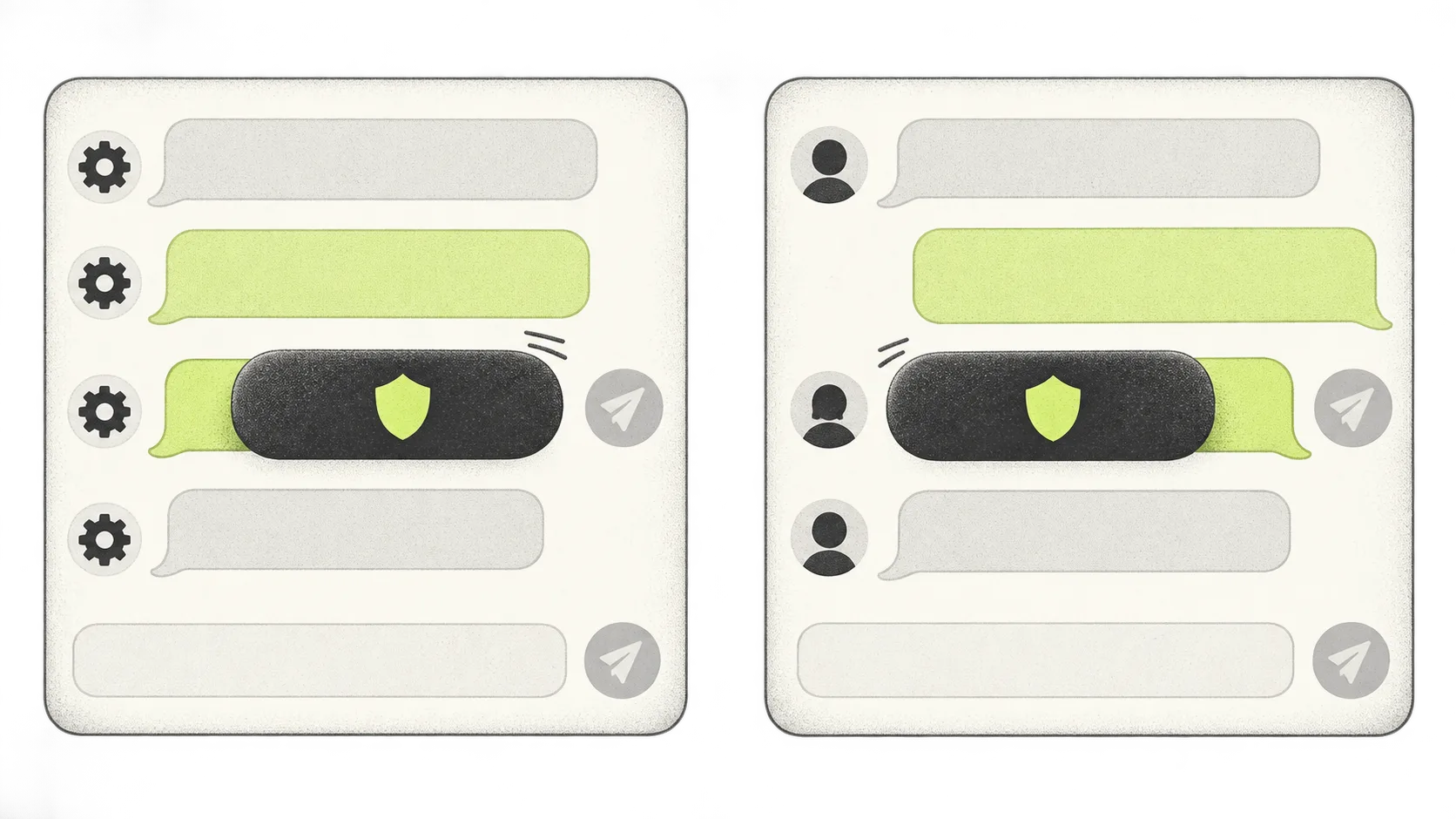 Two conversation interfaces show the same decision software withholding an automated agent’s message and a human user’s message.
