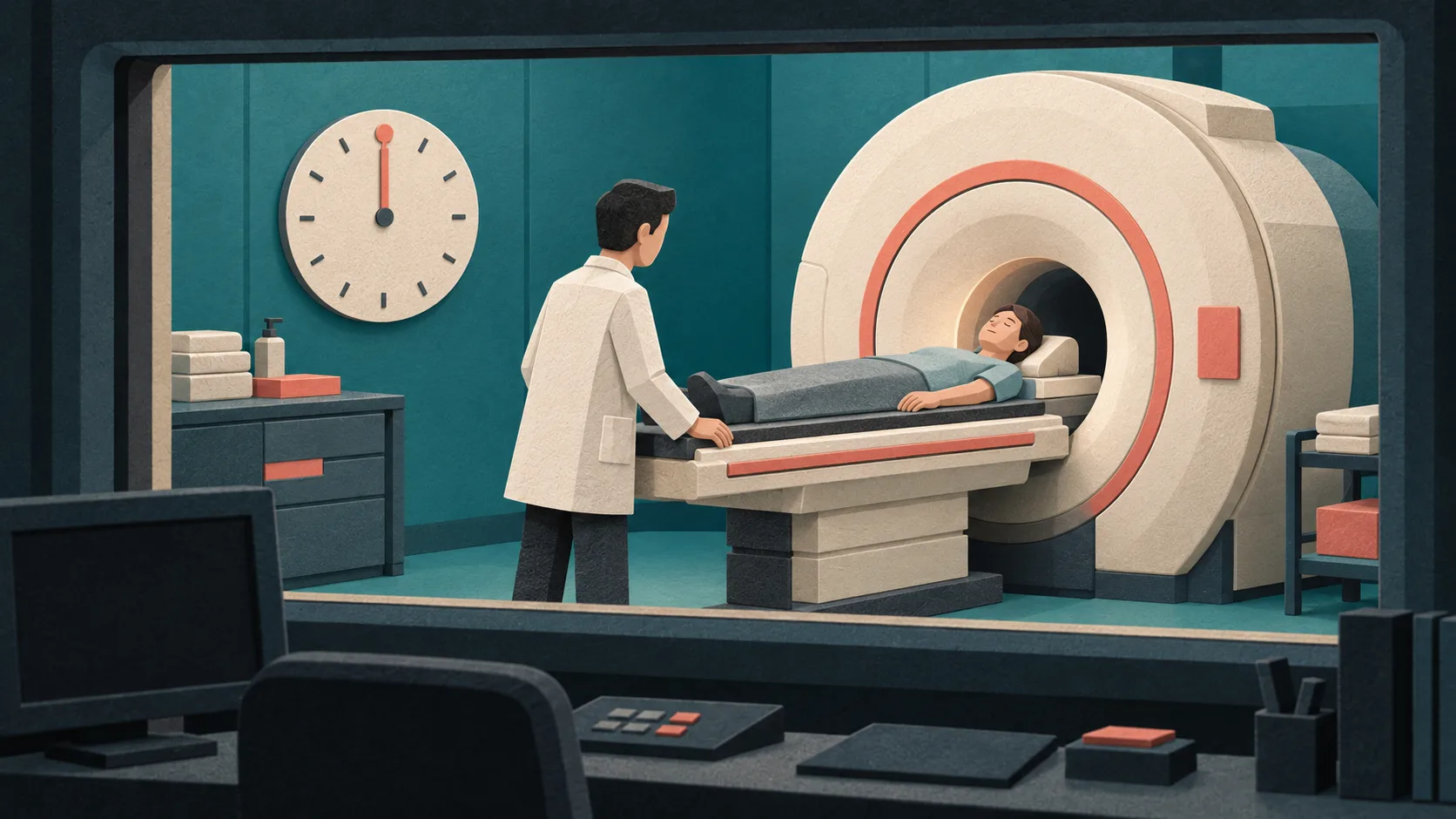 A researcher helps a participant out of a brain scanner after a short calibration session, with an hour timer showing completion.