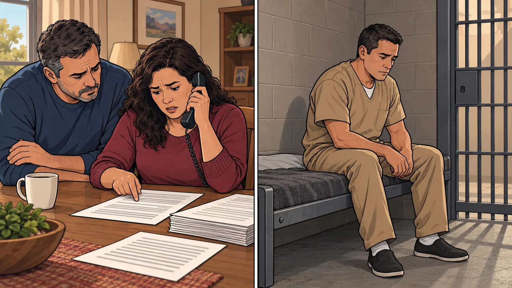 A family member receives a call about a legal document while an incarcerated relative sits alone in his cell.