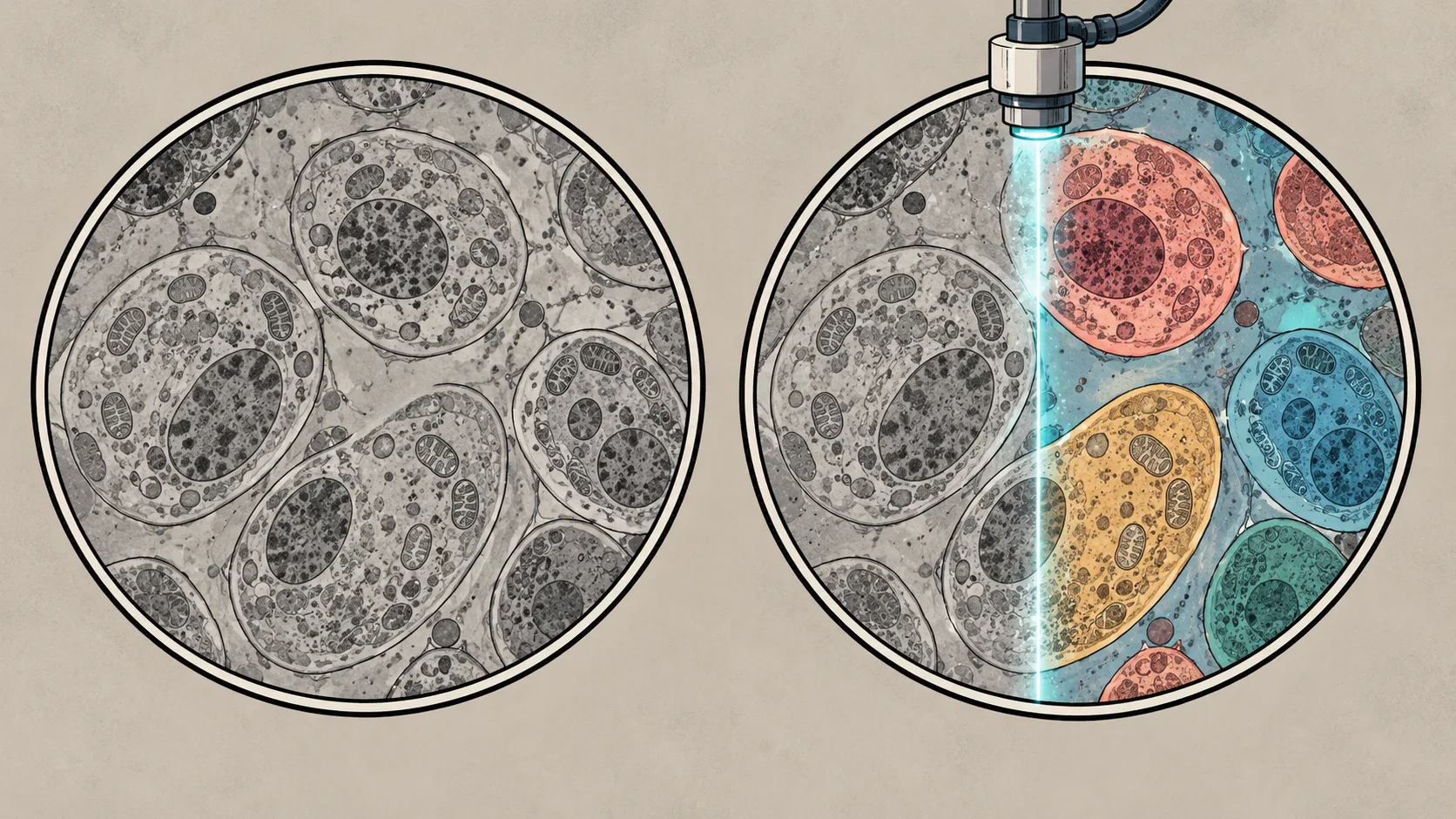 A grayscale microscopy reconstruction becomes a processed image with distinct features separated by colour.