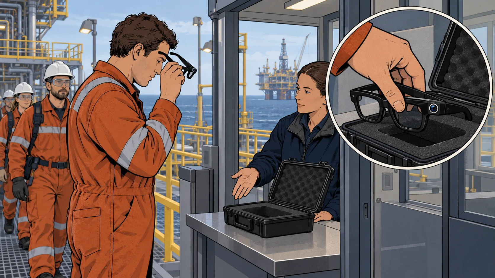 An offshore worker removes camera-equipped glasses at an access checkpoint before joining colleagues inside the facility.