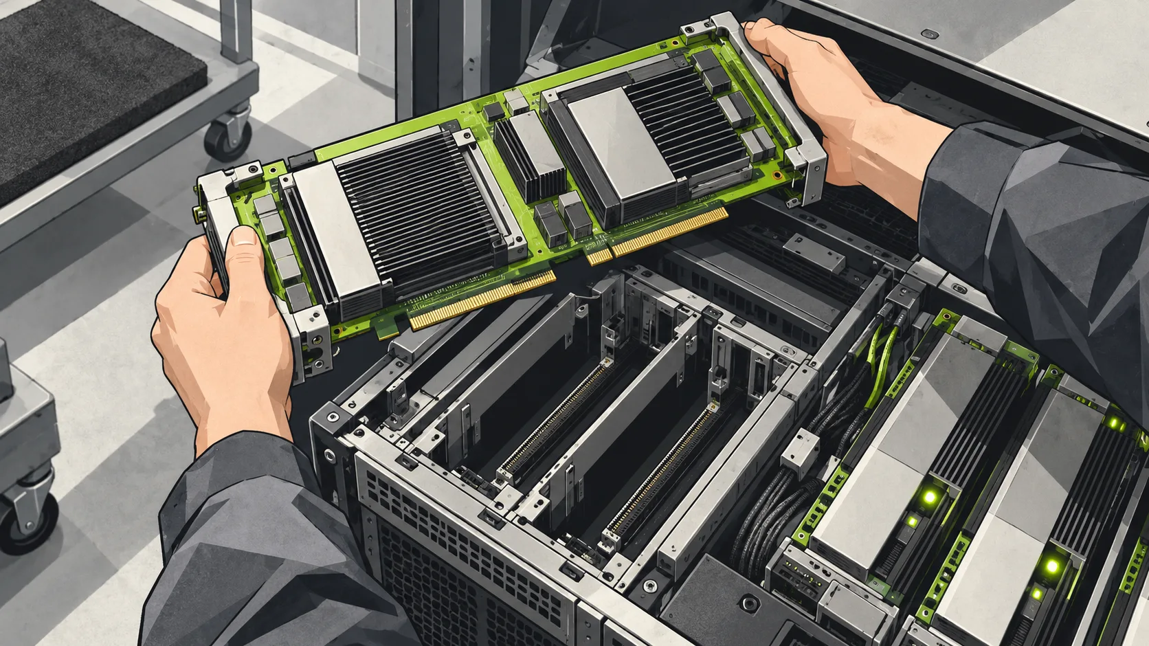 An engineer removes an unneeded accelerator from a server while the remaining hardware continues running.