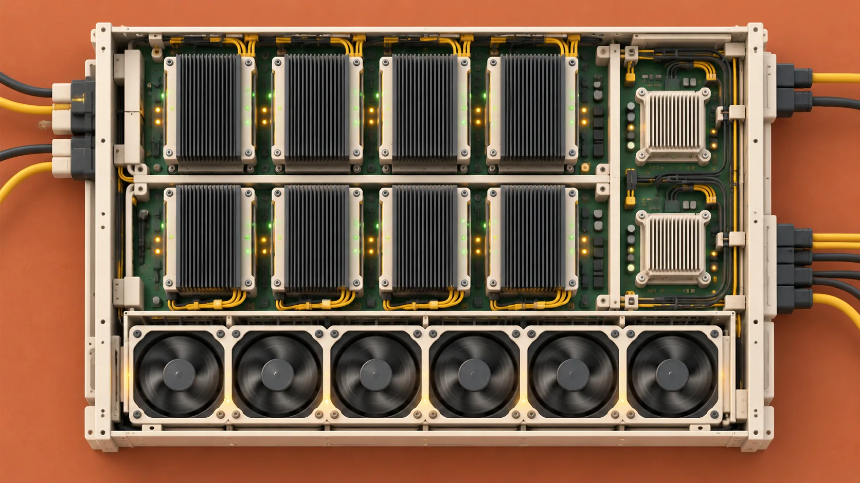 An open server containing eight accelerators and two processors powers up, with cooling fans spinning and indicator lights illuminated.