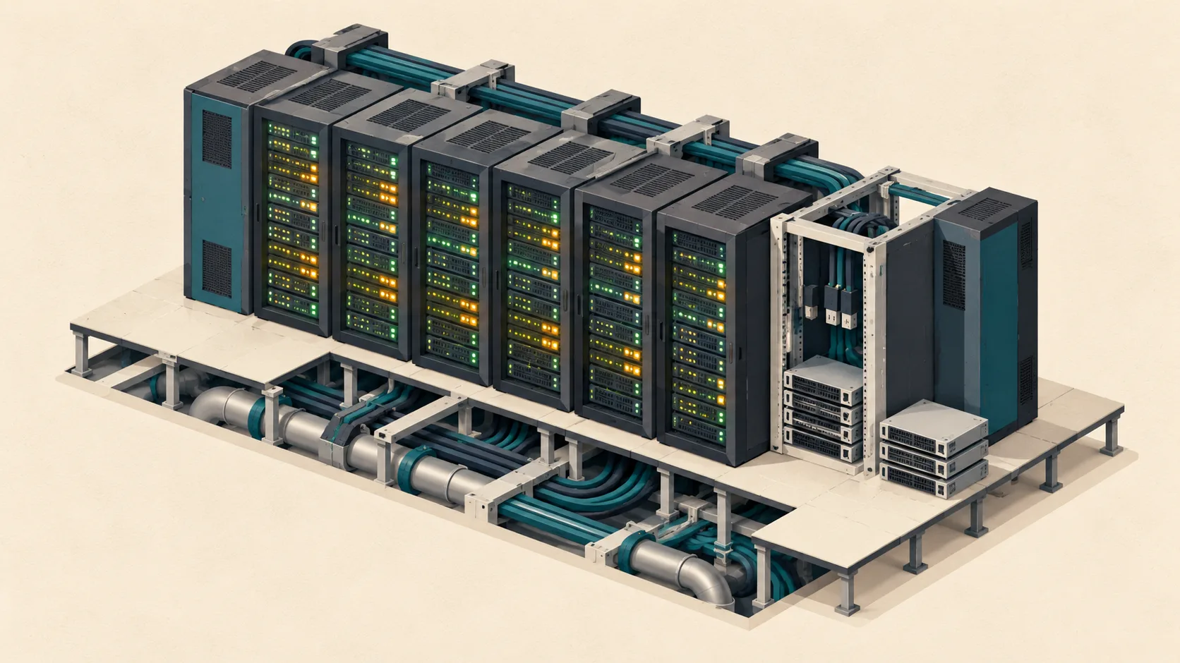 A scientific supercomputer takes shape as connected processor racks light up beside an unfinished expansion bay.