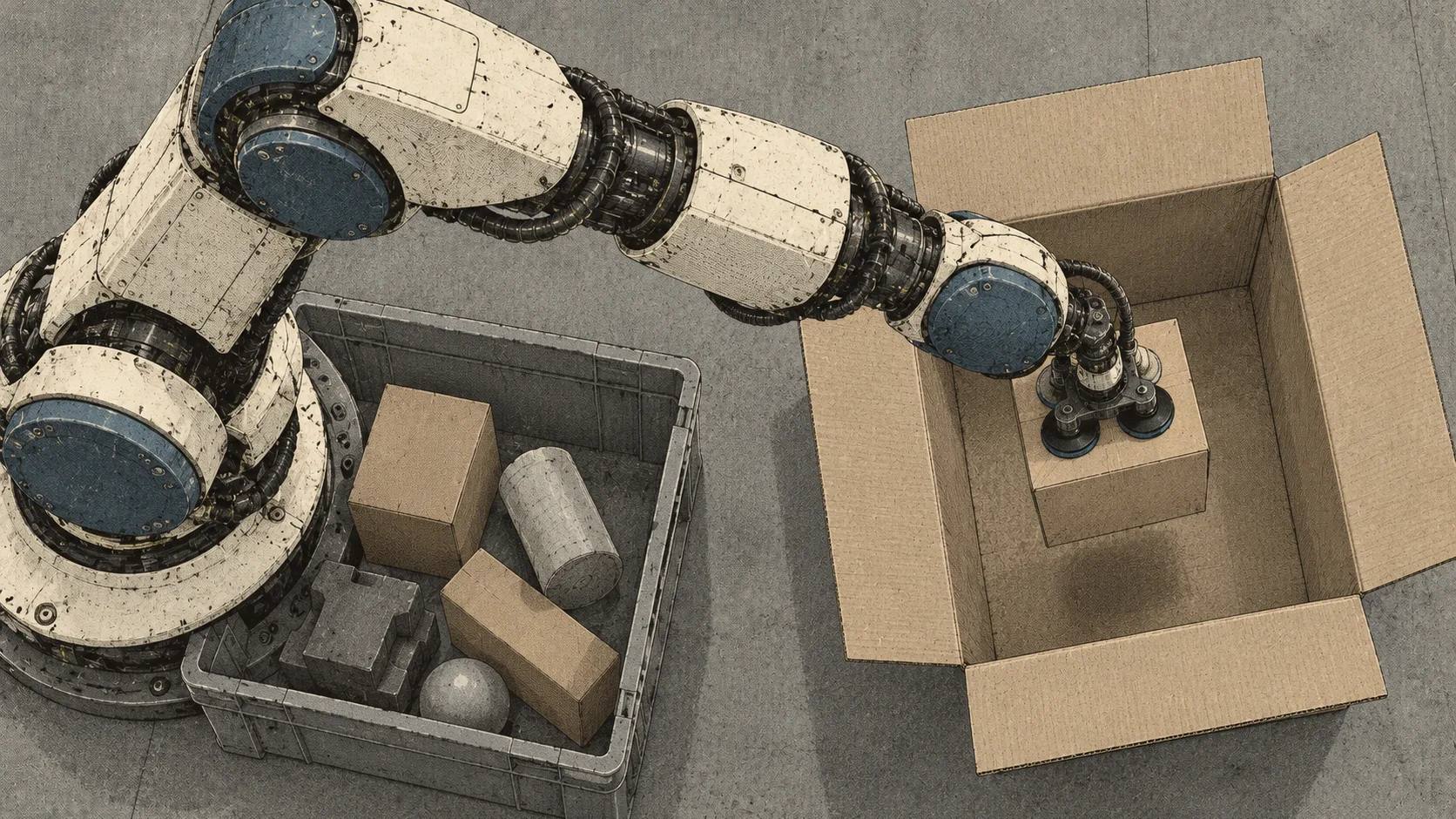 An industrial robot arm lifts a boxed item from a mixed goods bin and transfers it into a shipping carton.
