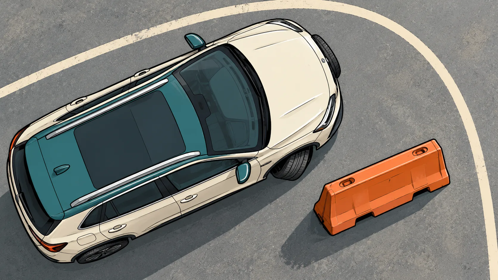 A test vehicle steers around a road barrier, its turned front wheels guiding it through the clear lane.