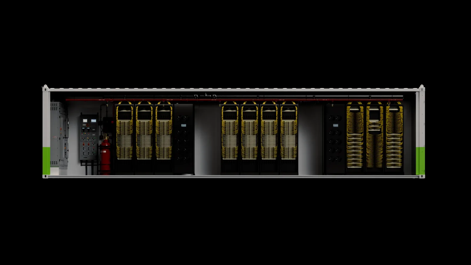 A modular containerized AI data center unit filled with server racks against a black background.