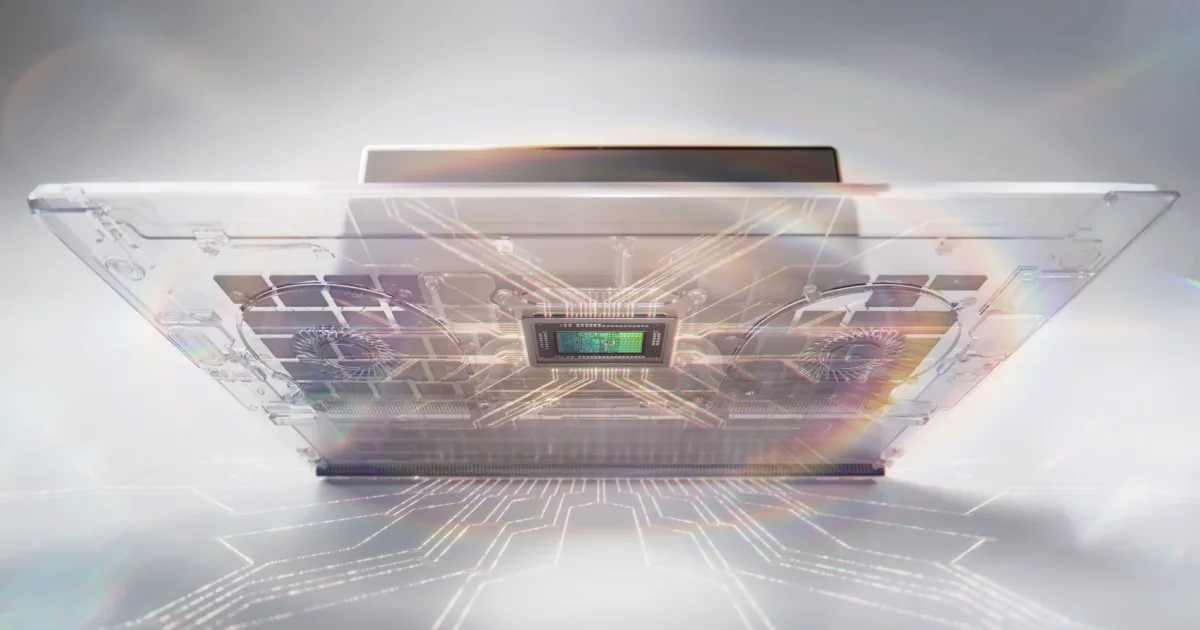 A stylized view of a laptop chassis showing its internal cooling fans, glowing circuit lines, and a central Nvidia processor chip.