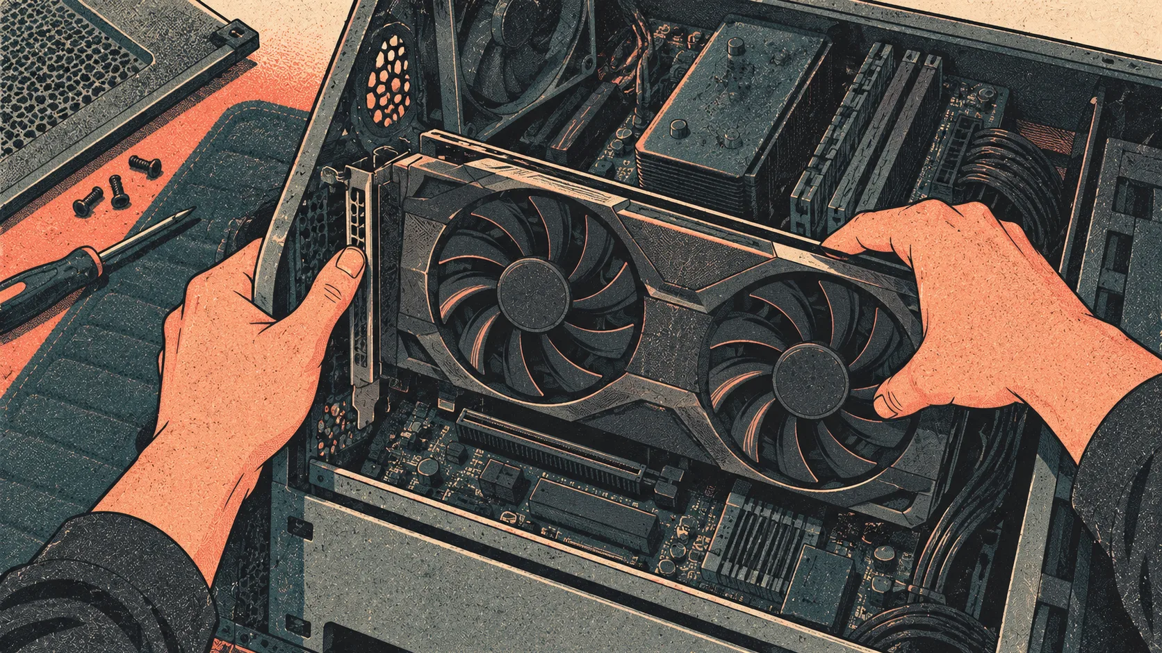 An engineer seats a large graphics card inside an open desktop tower, preparing local hardware for AI workloads.