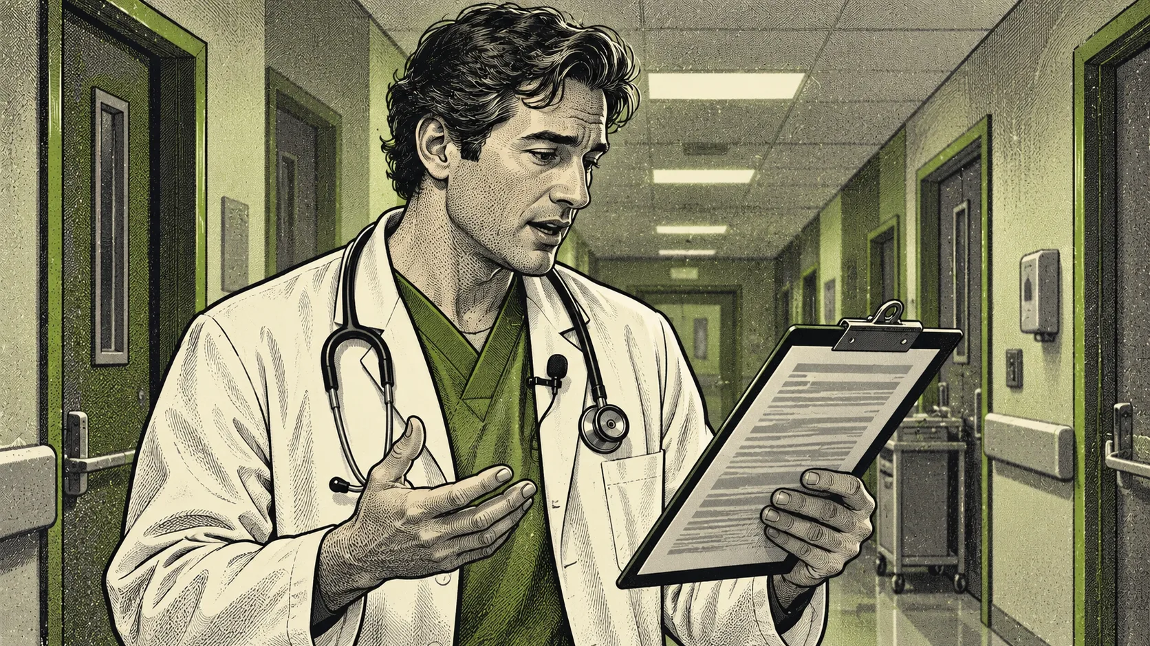 A doctor holding a medical transcript clipboard speaks into a lapel microphone in a clinic corridor.